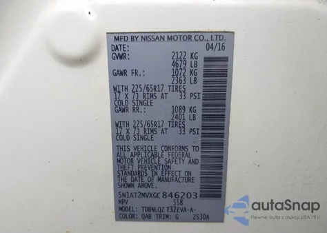 2016 Nissan Rogue Sv from USA, damaged, VIN 5N1AT2MVXGC846203